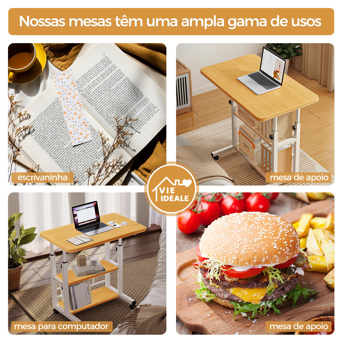 Mesa Multifuncional Ajustável com Rodas para Notebook