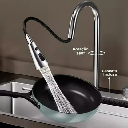 Torneira de Cozinha Luxo com Cascata e Bica Extensível em Inox 304