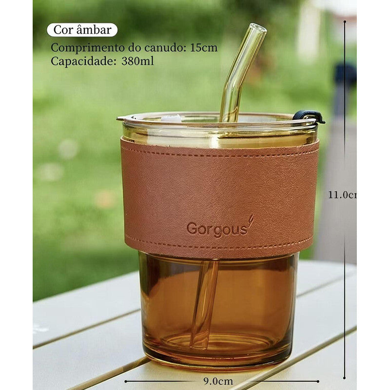Copo de Vidro para Café com Canudo de Bambu