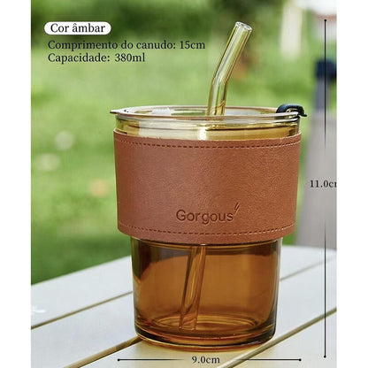Copo de Vidro para Café com Canudo de Bambu