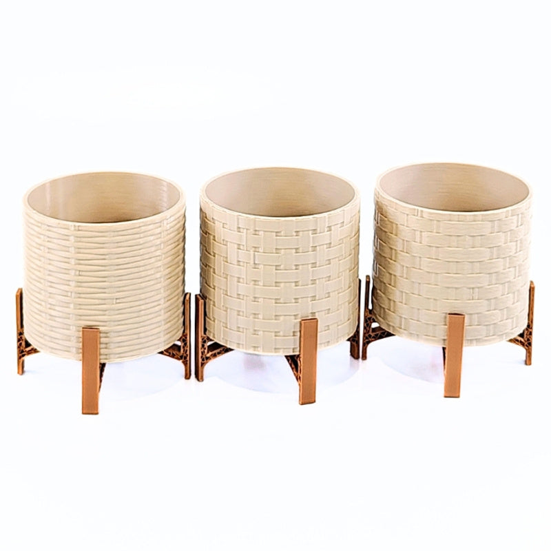 Trio de Cachepots Decorativos Bege com Base em Cobre