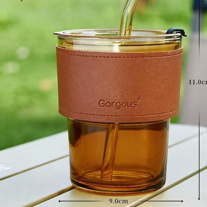 Copo de Vidro para Café com Canudo de Bambu