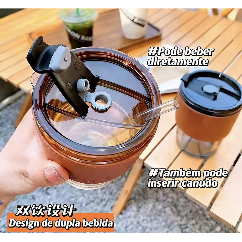 Copo de Vidro para Café com Canudo de Bambu