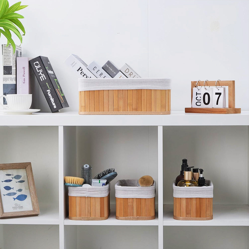 Conjunto com 3 Cestos Organizadores de Bambu com Forro