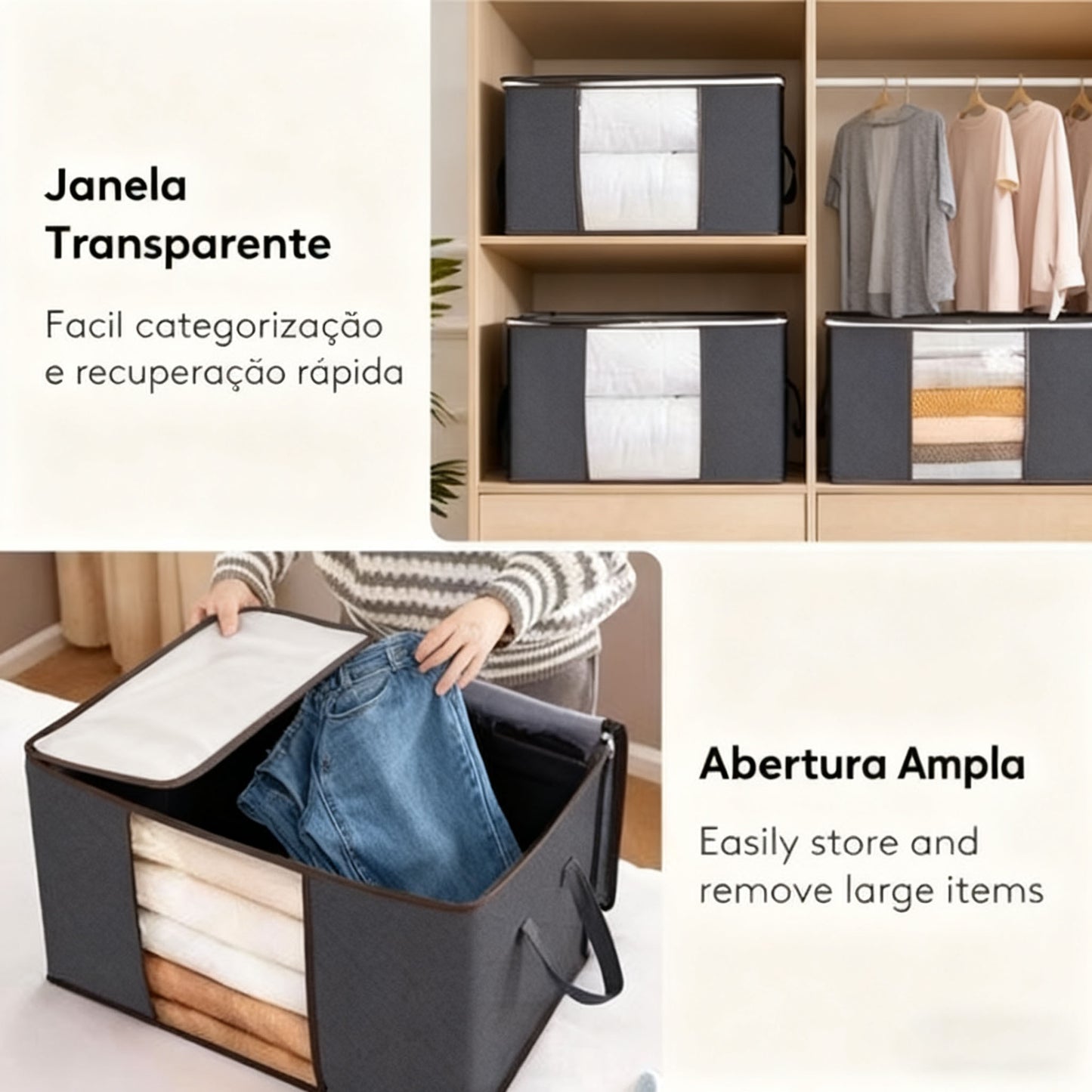 Conjunto com 3 Caixas Organizadoras 84L com Tampa Multifuncional