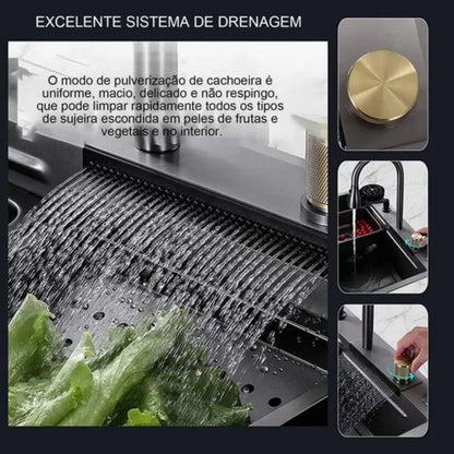Torneira de Cozinha Luxo com Cascata e Bica Extensível em Inox 304