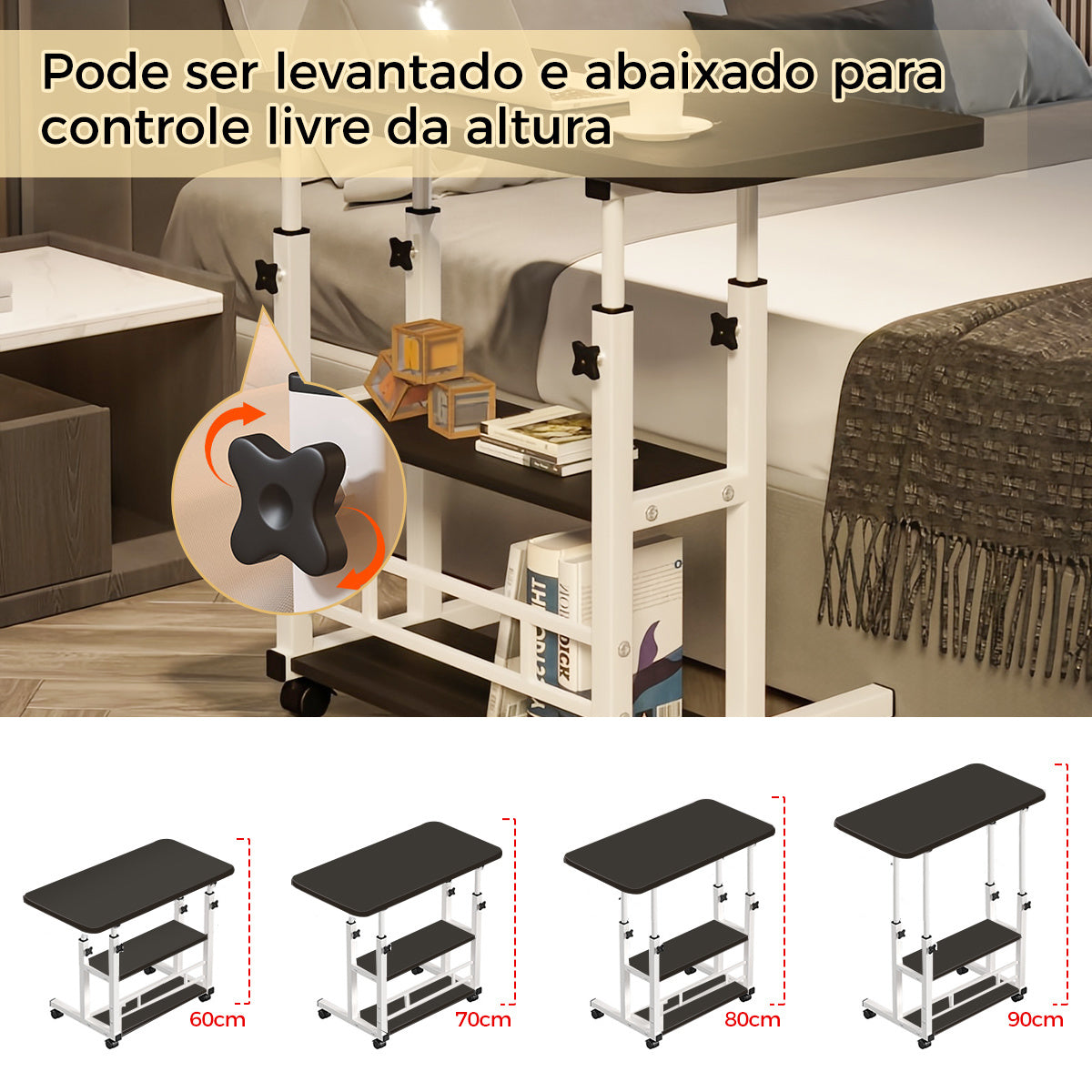 Mesa Multifuncional Ajustável com Rodas para Notebook