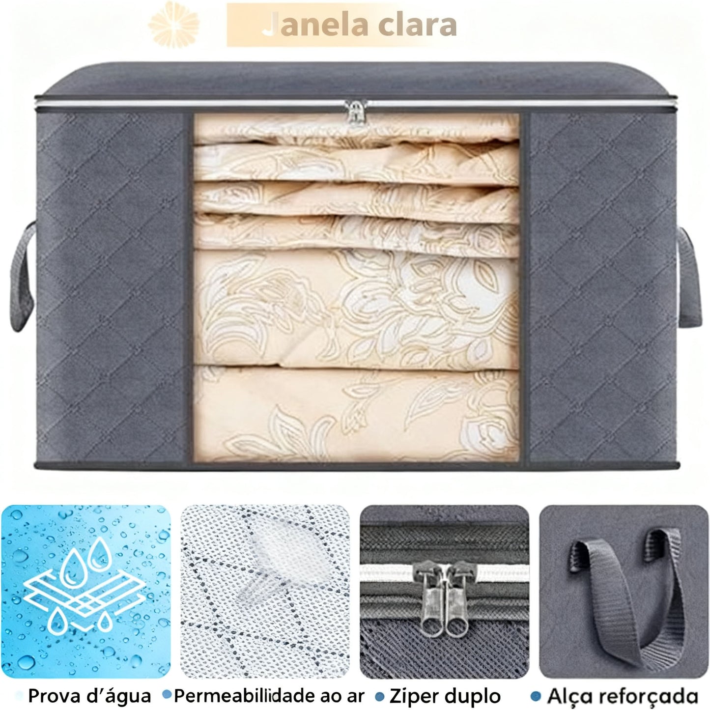 Conjunto com 3 Caixas Organizadoras 84L com Tampa Multifuncional