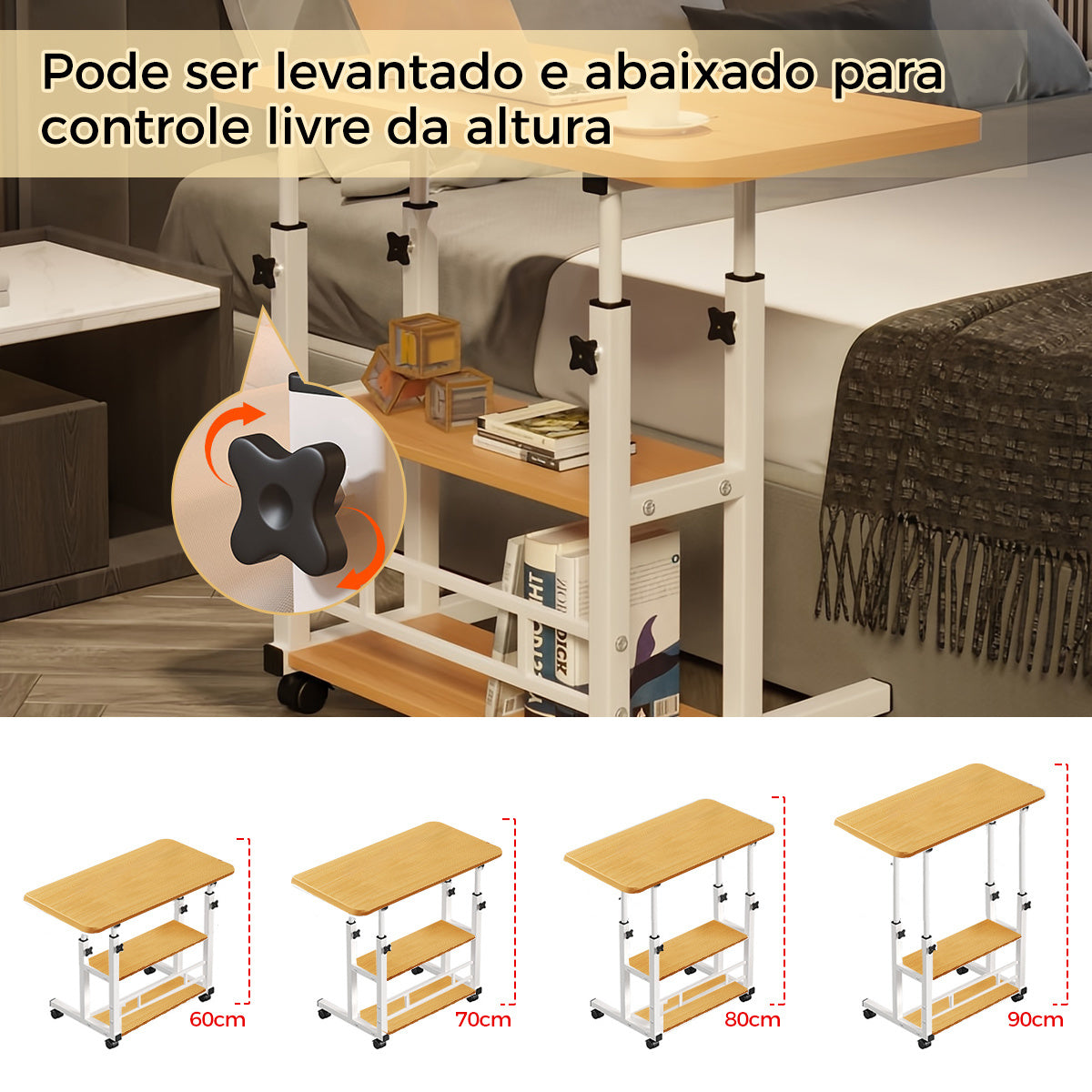 Mesa Multifuncional Ajustável com Rodas para Notebook