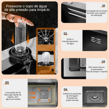 Torneira de Cozinha Luxo com Cascata e Bica Extensível em Inox 304