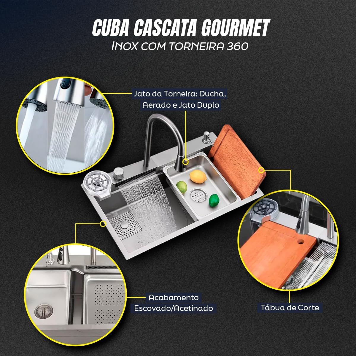 Torneira de Cozinha Luxo com Cascata e Bica Extensível em Inox 304