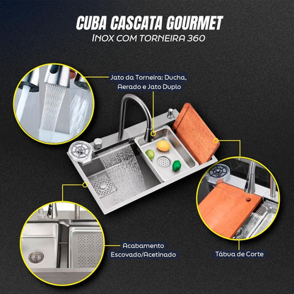 Torneira de Cozinha Luxo com Cascata e Bica Extensível em Inox 304