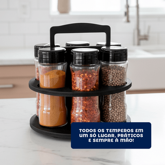 Dispensador de Temperos com 6 Potes e Tampa Dosadora
