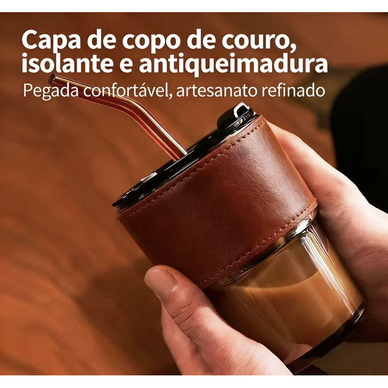 Copo de Vidro para Café com Canudo de Bambu