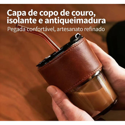 Copo de Vidro para Café com Canudo de Bambu