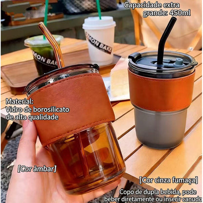 Copo de Vidro para Café com Canudo de Bambu
