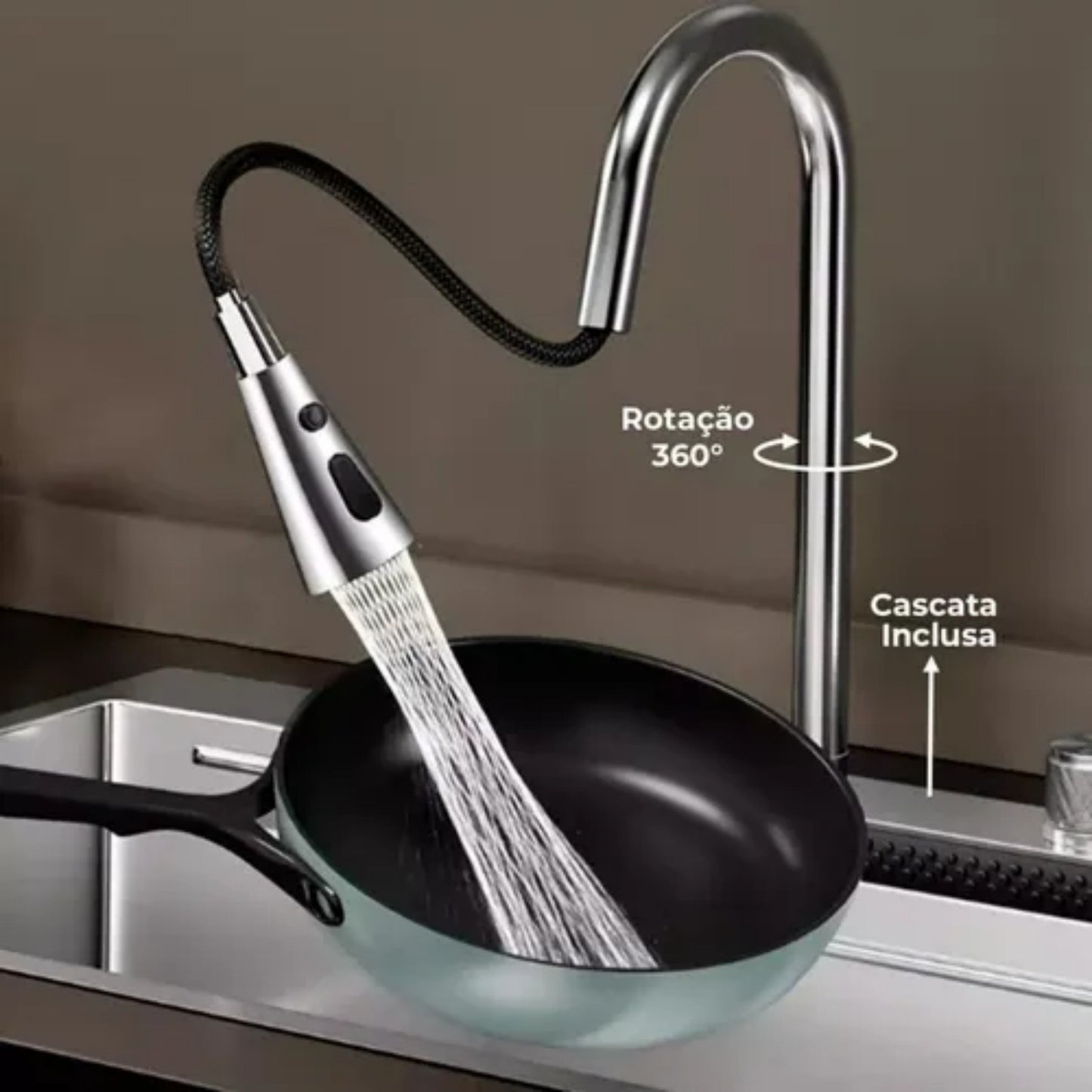 Torneira de Cozinha Luxo com Cascata e Bica Extensível em Inox 304