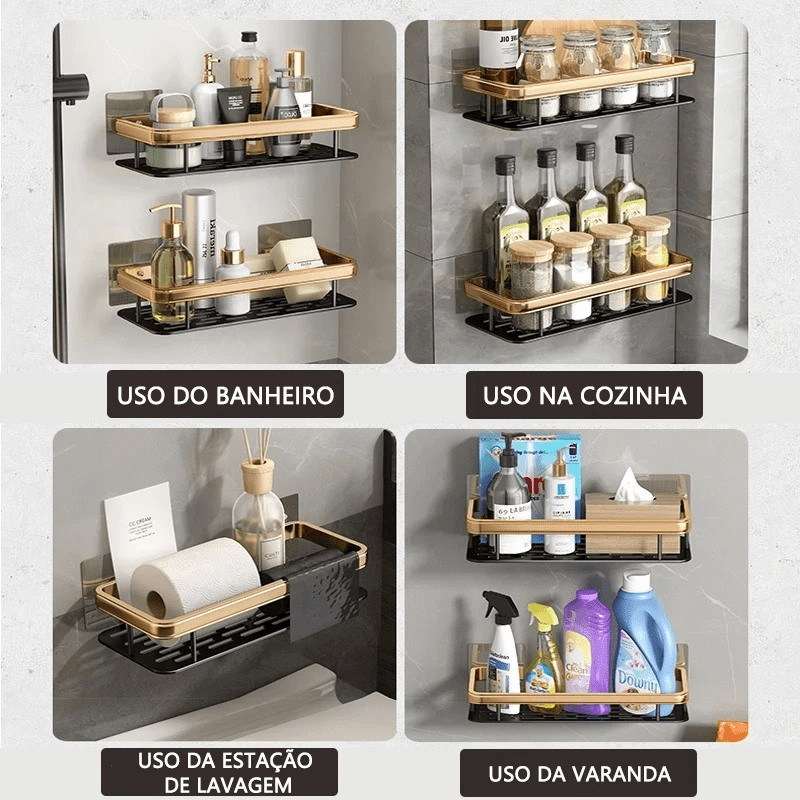 Kit com 2 Prateleiras Douradas para Banheiro sem Furação