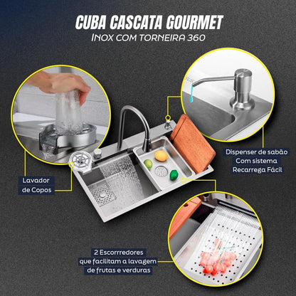 Torneira de Cozinha Luxo com Cascata e Bica Extensível em Inox 304