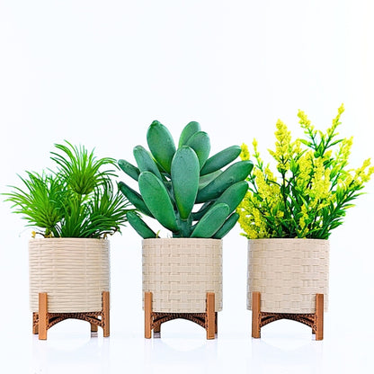 Trio de Cachepots Decorativos Bege com Base em Cobre