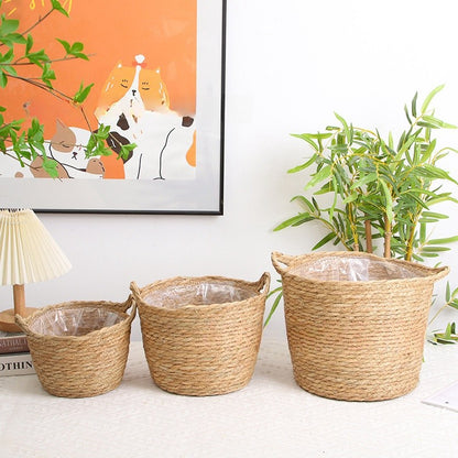 Cesto Cachepot de Fibra Natural com Revestimento Interno