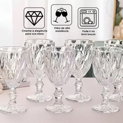 Jogo de Copos de Vidro Diamantado Transparente