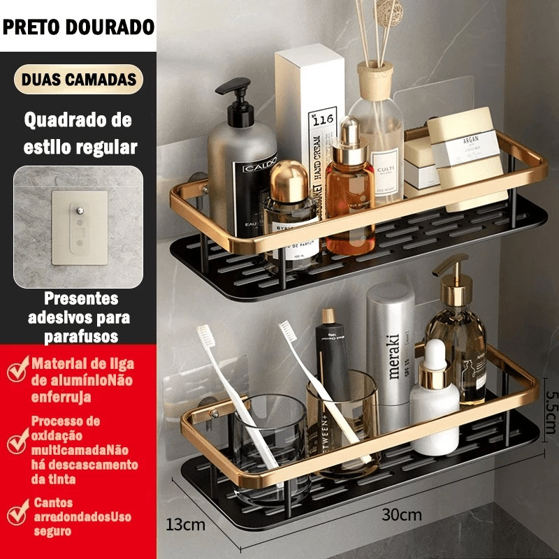 Kit com 2 Prateleiras Douradas para Banheiro sem Furação