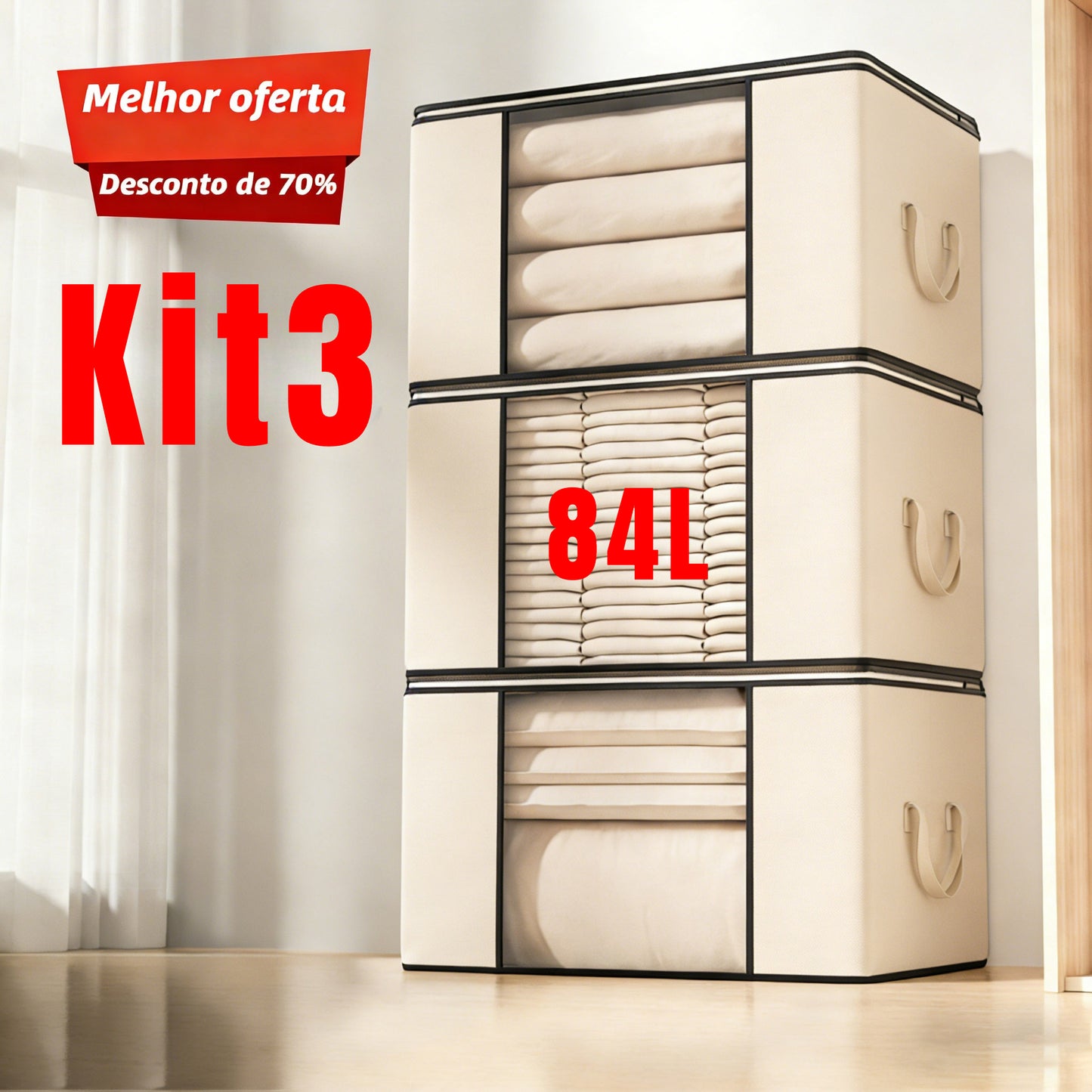 Conjunto com 3 Caixas Organizadoras 84L com Tampa Multifuncional