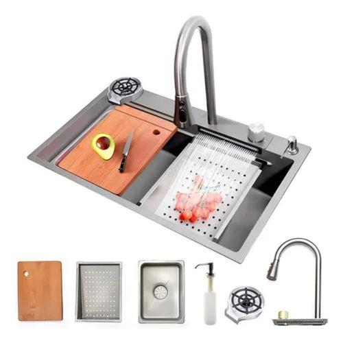 Torneira de Cozinha Luxo com Cascata e Bica Extensível em Inox 304