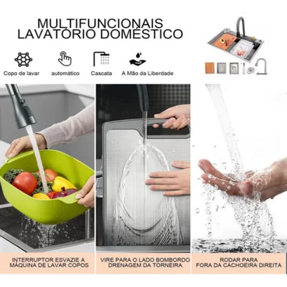 Torneira de Cozinha Luxo com Cascata e Bica Extensível em Inox 304