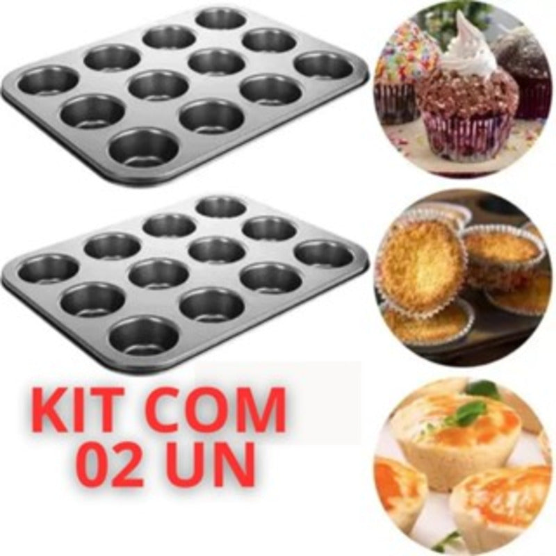 Kit com 2 Formas Antiaderentes para Cupcake, Muffin e Pudim