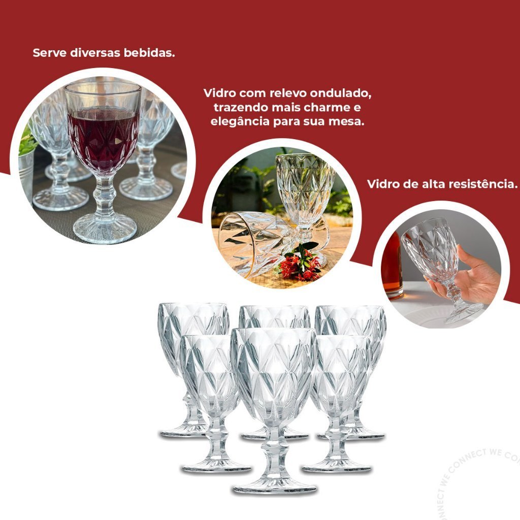 Jogo de Copos de Vidro Diamantado Transparente