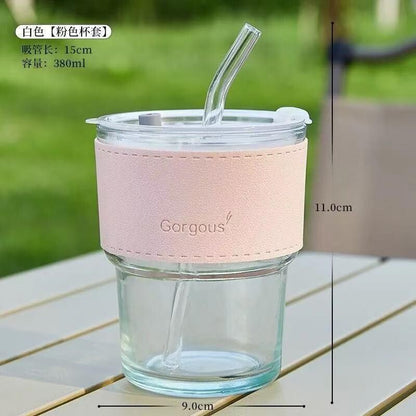 Copo de Vidro para Café com Canudo de Bambu