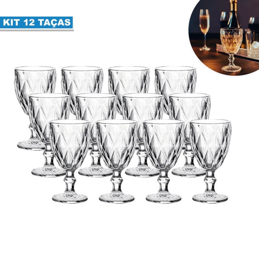 Jogo de Copos de Vidro Diamantado Transparente