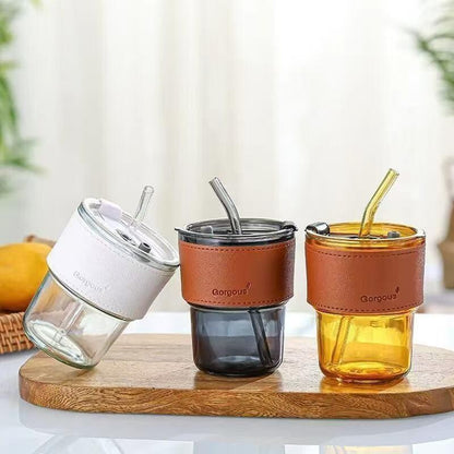 Copo de Vidro para Café com Canudo de Bambu