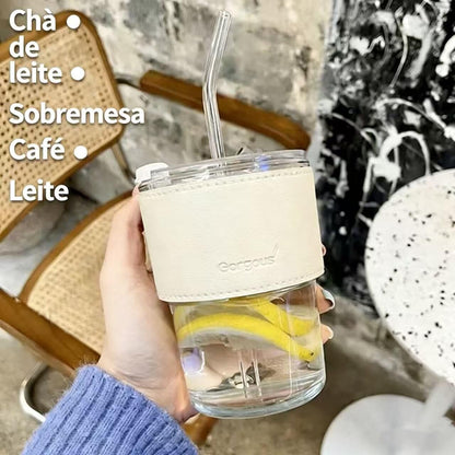 Copo de Vidro para Café com Canudo de Bambu