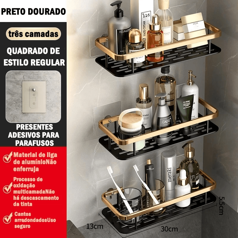 Kit com 2 Prateleiras Douradas para Banheiro sem Furação