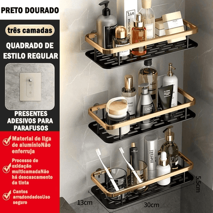 Kit com 2 Prateleiras Douradas para Banheiro sem Furação